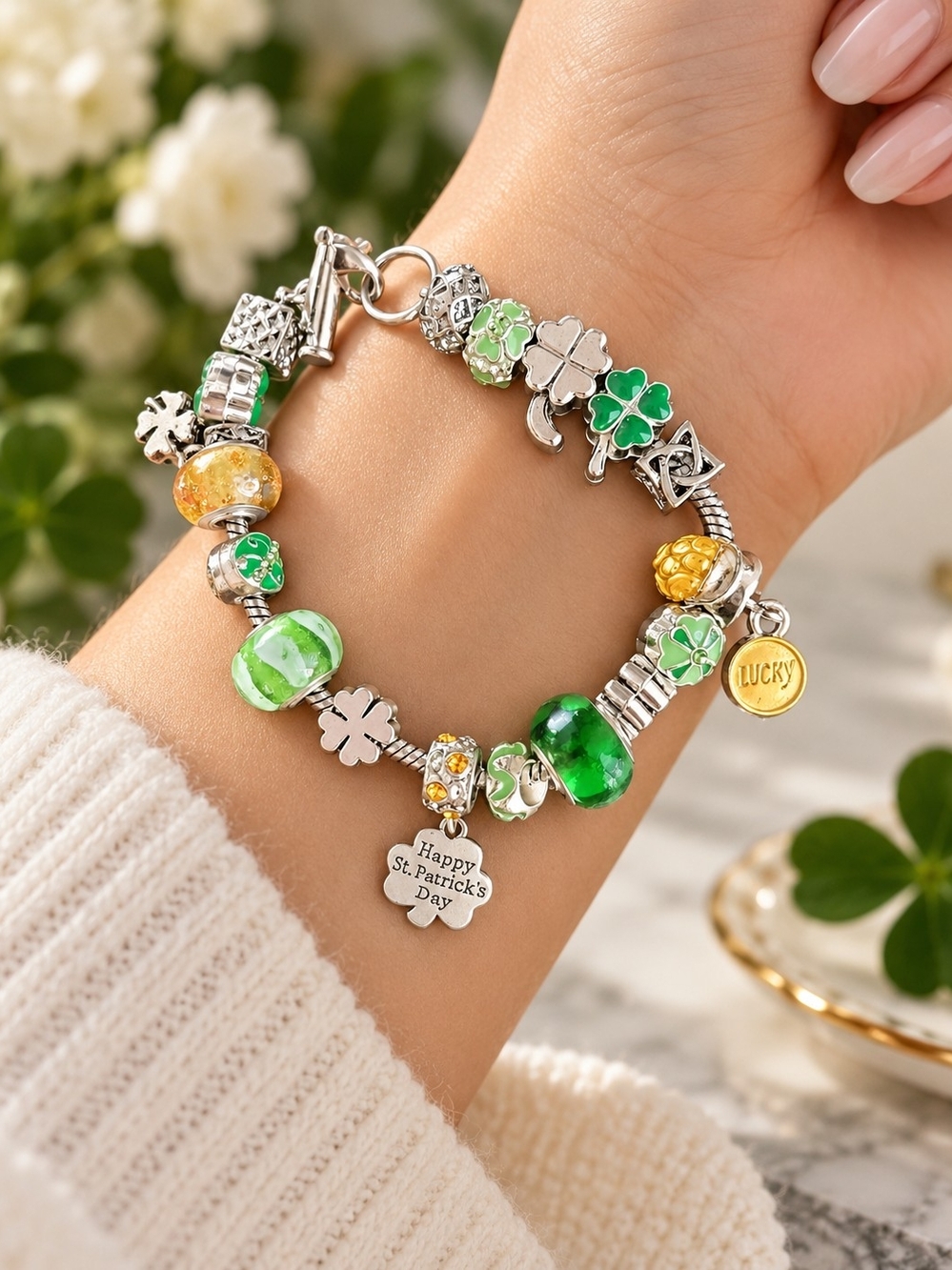 Festive Green & Gold Shamrock Charm Bracelet